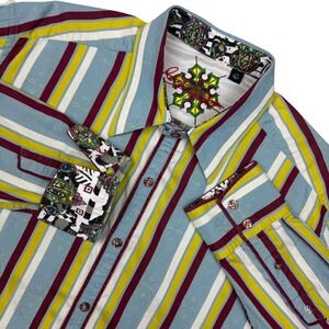 Robert Graham Button Up Shirt Mens Large Striped Paisley Jacquard Flip Cuff